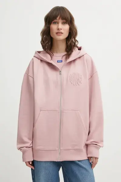 Bavlněná mikina Hugo Blue Doa_B_3 dámská, růžová barva, s kapucí, s aplikací, 50553980