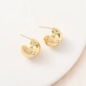 Round Brass Micro Pave Clear Cubic Zirconia Stud Earrings
