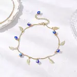Handmade Evil Eye Lampwork & Stainless Steel Leaf Tassel 304 Stainless Steel Curved Bar Link Chain Anklets for Women