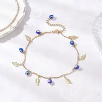 Handmade Evil Eye Lampwork & Stainless Steel Leaf Tassel 304 Stainless Steel Curved Bar Link Chain Anklets for Women