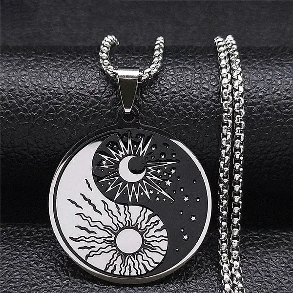 201 Stainless Steel Enamel Yin Yang with Sun & Moon Pendant Necklaces