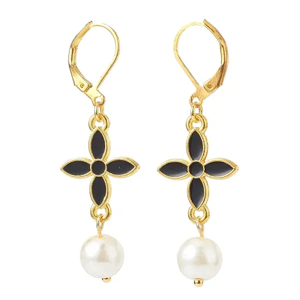 Alloy Enamel Clover with Glass Pearl Long Dangle Leverback Earrings