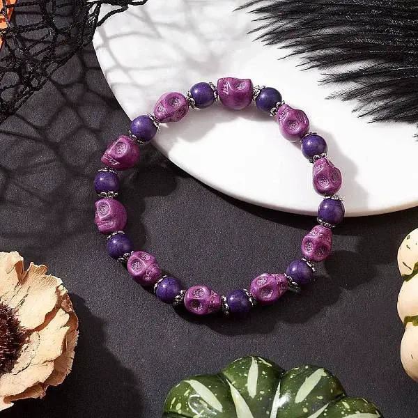 Halloween Dyed Synthetic Turquoise Skull & Round Beaded Stretch Bracelets for Men Women
