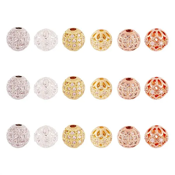 18Pcs 6 Styles Rack Plating Brass Pave Clear Cubic Zirconia Beads