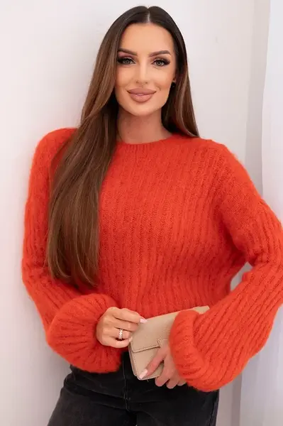 Kesi Włoski Dámsky sveter z mohéru s bufákovými rukávmi malinová