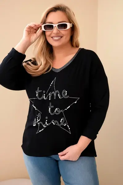 Kesi Włoski Dámská blůza Plus Size s nápisem a perlami černá