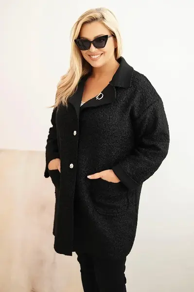 Kesi Włoski Dámský kabát Plus Size beránek s vlnou a kapsami černý