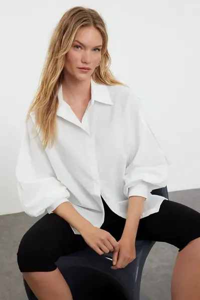 Trendyol Ecru Balloon Sleeve Oversize Wide Fit Woven Shirt