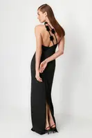 Trendyol Black A-Line Rose Detailed Woven Satin Long Elegant Evening Dress