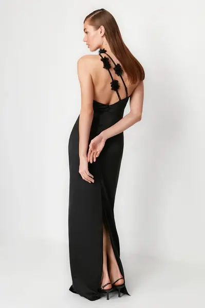 Trendyol Black A-Line Rose Detailed Woven Satin Long Elegant Evening Dress