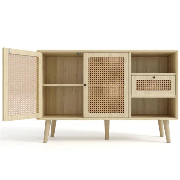 Modenvie SIDEBOARD MDF v dubovém dekoru, 120/40/80 cm, s ratanovým výpletem a nastavitelnými policemi