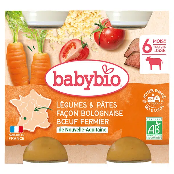 BABYBIO Denní menu Zelenina s těstovinami na boloňský způsob s farmářským hovězím masem 2x200 g