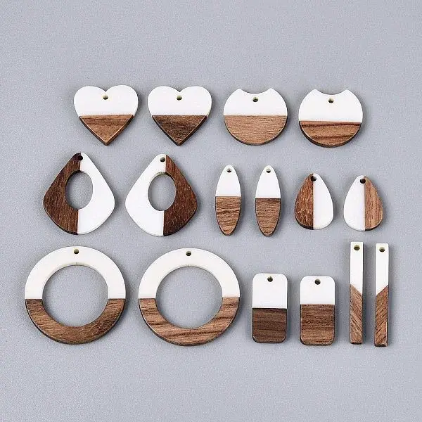 16Pcs 8 Styles Opaque Resin & Walnut Wood Pendants