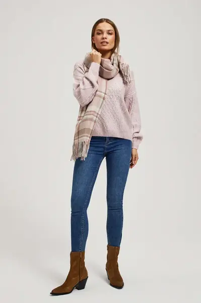 Marisse Powder Pink Checkered Scarf With Fringes