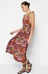 Trendyol Red Shawl Pattern Strappy Heart Collar Shawl Patterned Max Knitted Dress