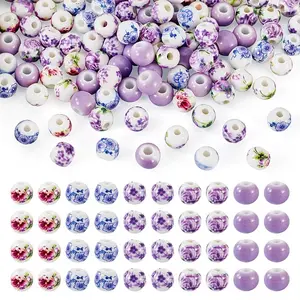 100Pcs 5 Styles Handmade Flower Printed Porcelain Ceramic Beads