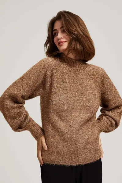Marisse Turtleneck Sweater Decorated With Metallic Thread, Beige