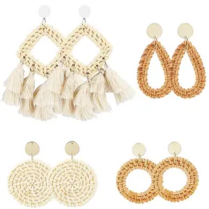 4 Pairs 4 Styles Rattan Dangle Stud Earrings