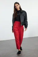 Trendyol Red Cotton Carrot Pattern Stripe Detailed Woven Trousers
