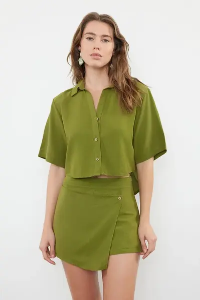 Trendyol Khaki Weaving Linen blend Shirt Shorts Beach Set