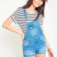 Denim dungarees shorts with blue pearls