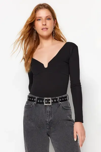 Trendyol černý bavlněný elastický přiléhavý/umístěný elastický pletený body