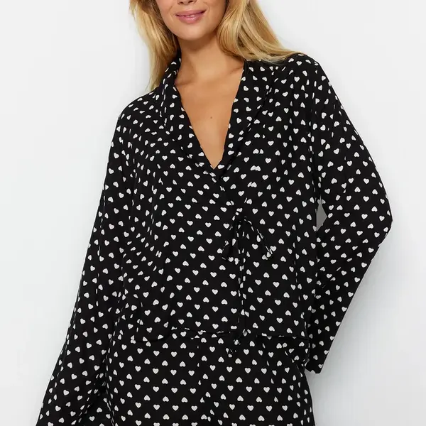 Trendyol Black Heart Tie Detail Viscose Woven Pajama Set
