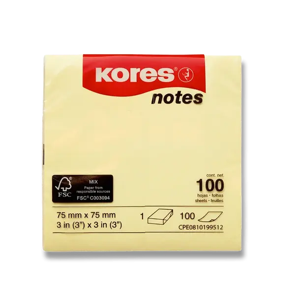 Samolepicí bloček Kores - žlutý - 75 × 75 mm, 100 listů