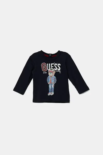 Dětské bavlněné tričko s dlouhým rukávem Guess tmavomodrá barva, s potiskem, I5YI04 K8HM4