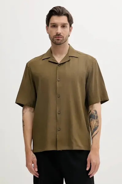 Lněná košile BOSS pánská, zelená barva, relaxed, 50539918