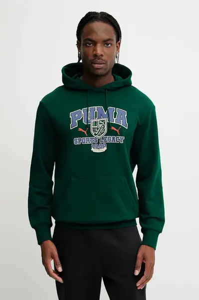 Bavlněná mikina Puma pánská, zelená barva, s kapucí, s potiskem, 629629