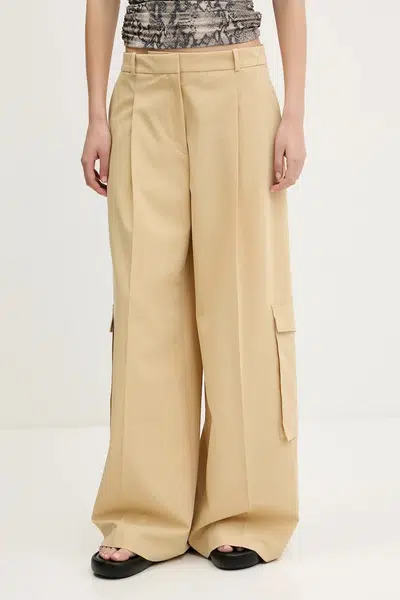 Kalhoty HUGO dámské, béžová barva, široké, high waist, 50538656