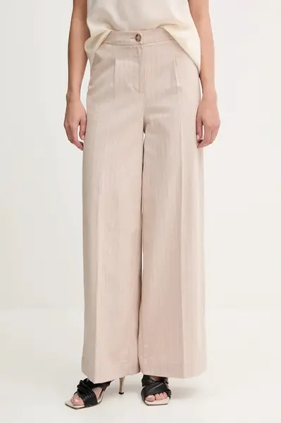 Kalhoty s příměsí lnu United Colors of Benetton dámské, béžová barva, široké, high waist, 49KBDF091