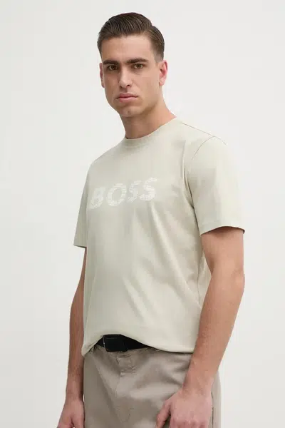 Bavlněné tričko BOSS Orange béžová barva, s potiskem, 50534923