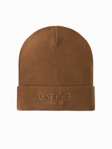 Ombre Men's knitted beanie with embroidered inscription - brown