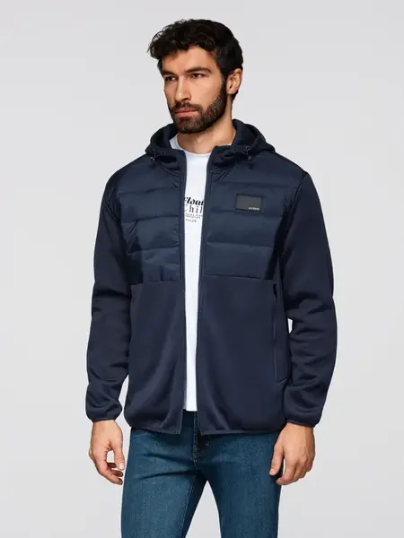 Ombre Men's lightweight jacket of combined materials with hood and decorative quilting - navy blue