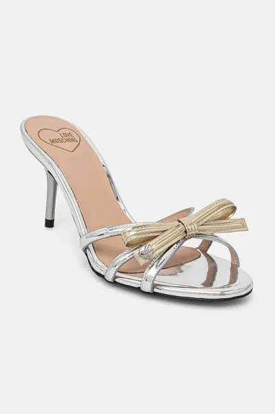 Pantofle Love Moschino dámské, stříbrná barva, na podpatku, JA28036G1MJE190A