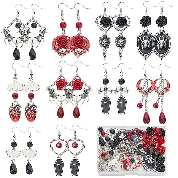 DIY Halloween Glass & Alloy Enamel Spider Coffin Bat Dangle Earring Making Kits