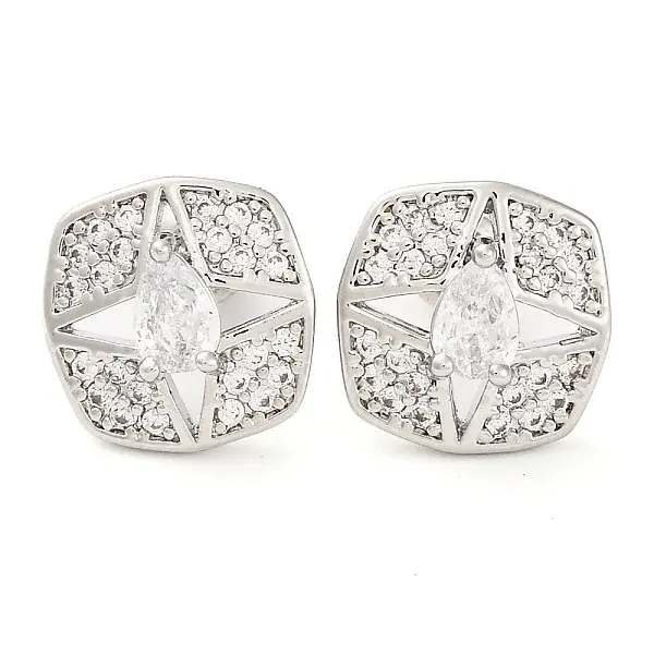 Brass Pave Cubic Zirconia Square Stud Earrings for Women