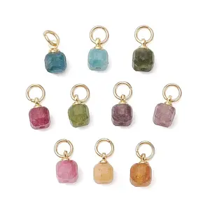 Natural Colorful Tourmaline Table Cut Cube Charms with 304 Stainless Steel Findings