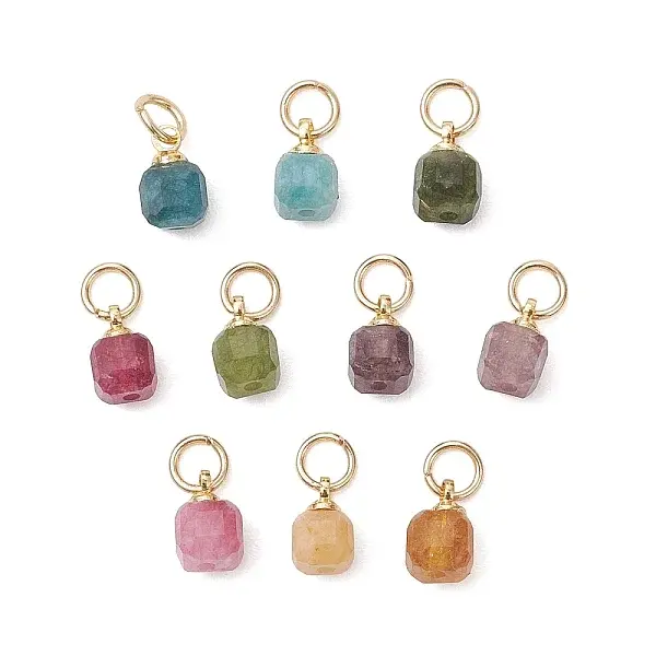 Natural Colorful Tourmaline Table Cut Cube Charms with 304 Stainless Steel Findings