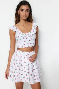 Trendyol Fruit Patterned Woven Ruffled 100% Cotton Blouse and Skirt Suit