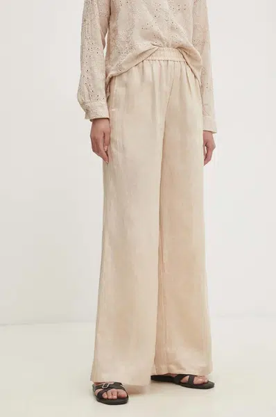 Lněné kalhoty Answear.LAB béžová barva, jednoduché, high waist