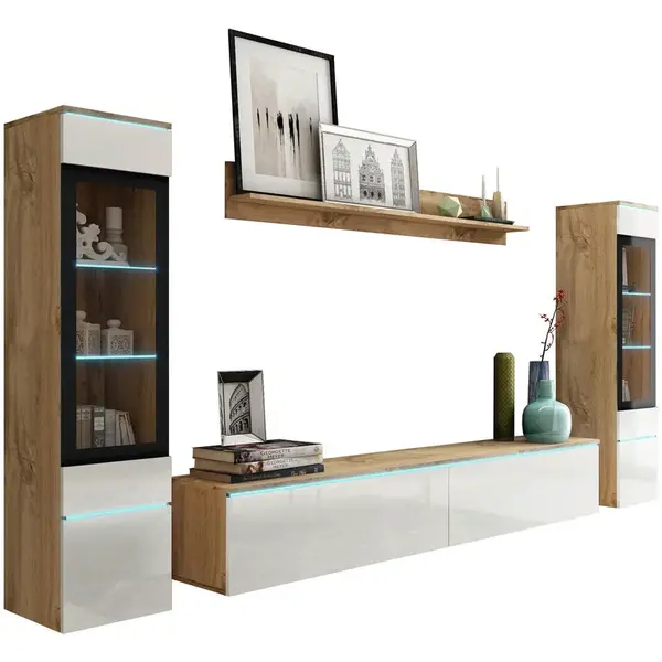 P & B OBÝVACÍ STĚNA, vysoce lesklá bílá, dub wotan