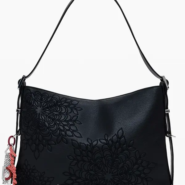 Černá kabelka přes rameno s květinovým vzorem