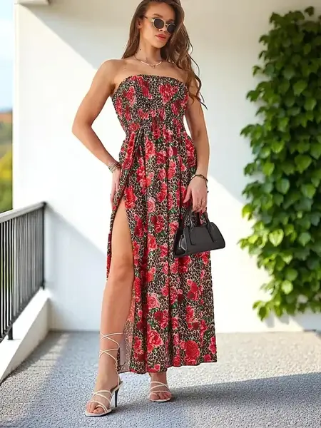 Resti Patterned women's midi dress without sleeves with a wide elastic band and slits at the bottom