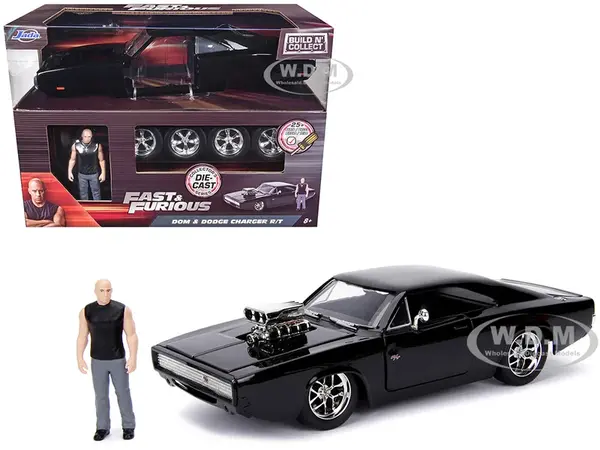 Model Kit Dodge Charger R/T Black and Dom Diecast Figure "Fast &amp; Furious" Movie "Build N Collect" Series 1/24 Diecast Model Car by Jada
