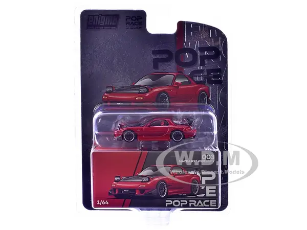 Mazda RX-7 Widebody RHD (Right Hand Drive) Red Metallic with Carbon Hood "Enigma Exclusive Edition" 1/64 Diecast Model Car by Pop Race
