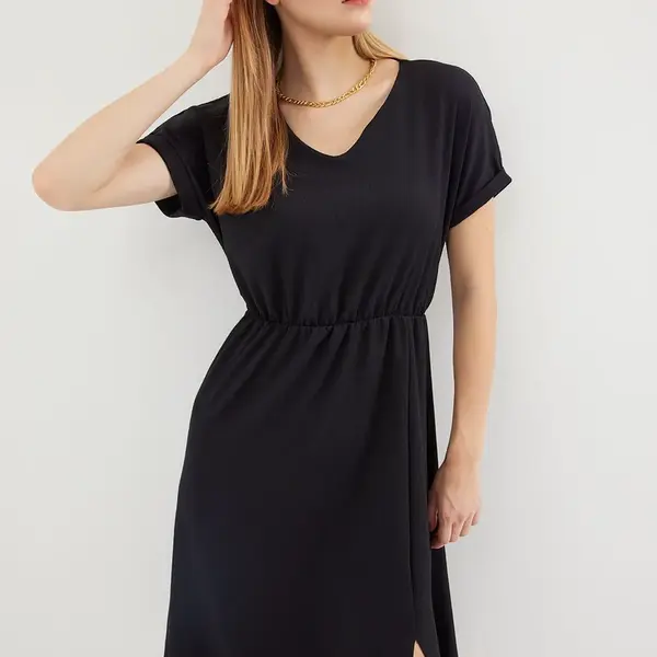 Pletené šaty Bigdart 2378 s výstřihem v rozparku - černé