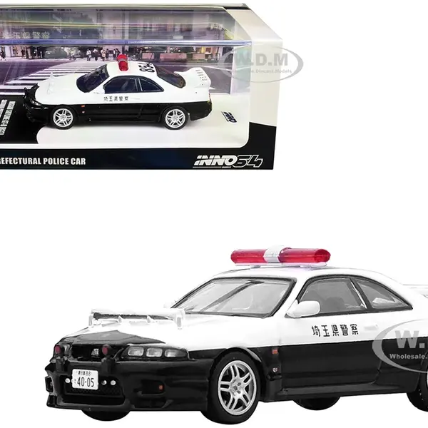 Nissan Skyline GT-R (R33) RHD (Right Hand Drive) Black and White "Saitama Prefectural" Police Car 1/64 Diecast Model Car by Inno Models